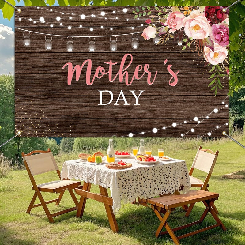 Mocsicka Mother's Day Backdrop Banner Thanks Mother Mom's Day Party Banner Rustic Wood Floral Mother's Day Background Mother's Gift Wall Decoration Banner - Image 3